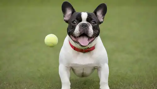 Un bulldog francés lúdico, enérgico y curioso, en un campo verde brillante con una pelota de tenis volando hacia ella; Los perros orejas se agitan hacia atrás; Su lengua está colgando de su boca; Lleva un collar rojo con una etiqueta de nombre brillante;