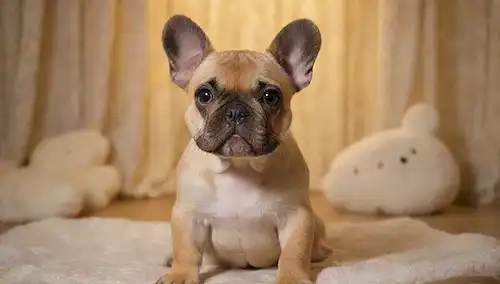 Un lindo perrito de Bulldog francés con punta de hocico sentado en una alfombra de felpa, con sus orejas dobladas de espalda y cola ondeando, rodeado de juguetes suaves y una delicada cortina de encaje en el fondo, bañado en cálida iluminación dorada, con los perros ojos juguetonos mirando directamente al espectador