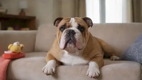 Un suave bulldog con una cara dulce, tumbado en un sofá suave, rodeado de juguetes y golosinas, en un cálido y acogedor salón, con luz natural que se derrama a través de una ventana