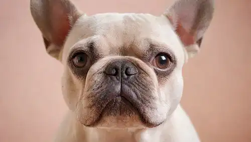 Un retrato de cerca de una cara de Bulldogs francesa con una frente arrugada, nariz arrugada, y adorable underbite; Un fondo suave y color pastel para resaltar sus suaves características; El perro está mirando directamente al espectador con ojos grandes y marrones; Unas pocas hebras de pelo rizado que enmarcan su cara están ligeramente tostadas, transportando un sentido de juguetón
