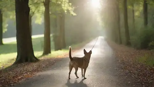 Un perro tranquilo en una correa, un propietario responsable que lo sostiene, un entorno tranquilo al aire libre, la luz del sol filtrando a través de los árboles, una calle amplia con pocas distracciones, una suave pendiente para caminar seguro, sin peligros visibles, un sentido de seguridad y tranquilidad