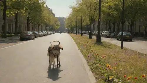 2-3 personas (adultos y niños), correas, arneses, calle de la ciudad, pavimento, flores, árboles, clima soleado, razas de perros pequeños, perros de tamaño mediano, un cochecito, una bicicleta, un cruce peatonal, un faro, un edificio, un banco de parques