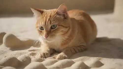 gato 3D jugando con sandcastle, gatos patas cubiertas de pequeñas huellas, granos de arena girando alrededor, sutil sunbeam, gatos fur ligeramente oxidado, suave brisa soplando, feliz y relajado expresión felino, paleta de color natural