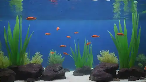 Conjunto de acuario 3D con natación de peces coloridos, filtro visible en el centro, iluminación de fondo azul suave, plantas acuáticas dispersas alrededor, suaves ondas de agua, sin bordes afilados o entorno desordenado