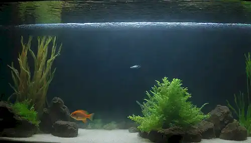 Filtro para acuarios 3D, envoltura transparente o parcialmente transparente, filtrar medios visibles dentro, burbujas de agua y aire subiendo del filtro, fondo de ambiente acuático sutil, iluminación suave, posiblemente un pez u otro animal acuático pequeño cerca