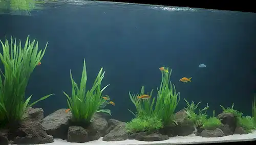 Agua de acuario transparente, paredes limpias de vidrio, peces nadando tranquilamente, delicados componentes biológicos de filtro, suaves ondas de agua, reflejos sutiles, decoraciones de acuario natural, plantas acuáticas vibrantes, y suave luz