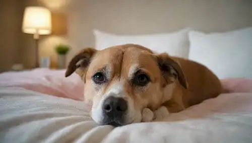 Un perro tranquilo tumbado en una cama de lujo