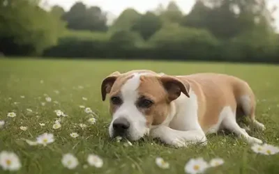 Un perro saltando sobre un césped suave y pastoso