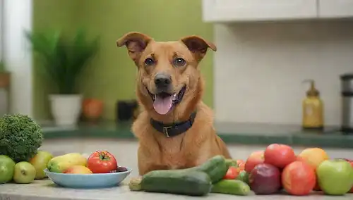 Un perro feliz de pie en un mostrador de cocina colorida, rodeado de frutas frescas y verduras, con un plato de comida saludable, con una planta verde hoja en el fondo