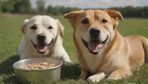 2 perros felices, hierba verde, cielo soleado, golosinas para perros dispersos alrededor, cuenco de comida saludable, agua dulce