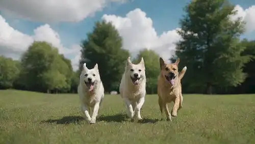 perros felices corriendo en un parque con exuberante césped verde, rodeado de árboles, jugando a buscarse o persiguiéndose, con un cielo azul brillante y nubes blancas, capturando alegría sin preocupaciones, mostrando estilo de vida saludable, estilo de ilustración