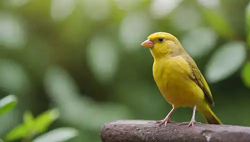 Una imagen colorida y cálida con un canario encaramado en una perca de madera, rodeada de vegetación exuberante, con un fondo borroso sutil para transmitir un sentido de hogar y comodidad