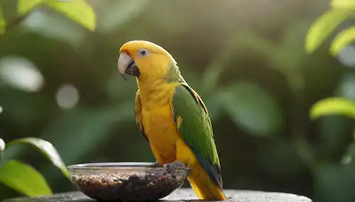 Una foto colorida de un loro canario encaramado en una rama, agua fresca goteando de su pico en un tazón transparente, rodeado de vegetación exuberante, con la luz solar filtrando a través de las hojas, y unas pequeñas piedras o guijarros en la parte inferior del tazón, transmitiendo un sentido de serenidad y tranquilidad