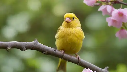 Un canario colorido encaramado en una rama, plumas rofadas, con un pico abierto y una cabeza ligeramente inclinada, rodeado de vegetación exuberante con flores florecientes, en un cálido cielo soleado, con algunas ramitas y hojas estiradas alrededor de la base de la imagen
