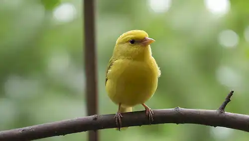 Un canario feliz encaramado en una rama, mirando hacia fuera una puerta abierta soleada, rodeada de exuberante vegetación, con una suave brisa soplando, y un sutil toque de libertad y emoción