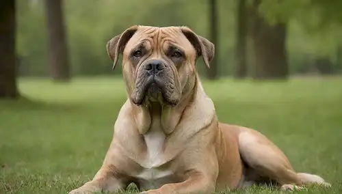 Un perro de gran raza con cara arrugada, capa corta y marcas distintivas, sentado tranquilamente en un terreno pastoso, rodeado de árboles, con un enfoque sutil en sus ojos