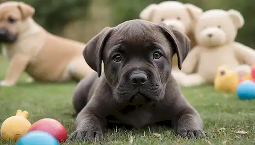 Una fotografía de un cachorrito Cane Corso de aspecto calmado y suave, rodeado de juguetes y algunas hojas, con sus orejas ligeramente levantadas, la nariz oliendo, y los ojos mirando directamente a la cámara, mientras que en el fondo hay una imagen borrosa de una familia o pareja sentado en el suelo, sonriendo al cachorro