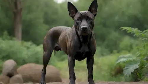 Un majestuoso perro de color oscuro con una cara arrugada, grandes orejas y un distintivo scowl, de pie alto en las piernas poderosas, rodeado de exuberante vegetación o un entorno rústico
