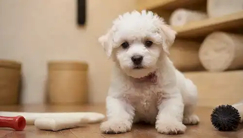 Fluffy white Caniche puppy
