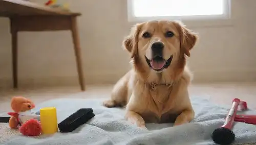 Un perro feliz con un abrigo brillante, rodeado de herramientas de novio como cepillos, peines, y clippers, en una cómoda alfombra o manta, con algunos juguetes cerca, en una habitación luminosa y limpia