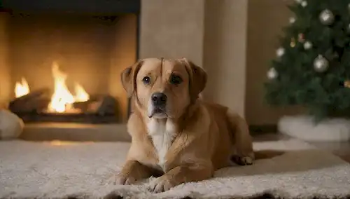 Una acogedora sala de estar con un perro acostado en una manta suave cerca de una chimenea caliente, rodeado de decoraciones temáticas de invierno como ramas siempre verdes y bolas de nieve; una alfombra de felpa en un color neutro, un cómodo sillón para humanos, y unos pocos juguetes favoritos dispersos alrededor de la zona