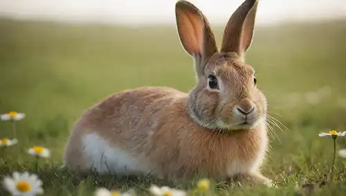 Un conejo sereno acostado en un prado verde con flores que florecen alrededor de ella