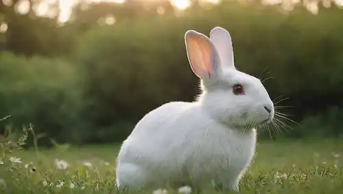 Un ambiente sereno y pacífico con un conejo en el centro, rodeado de vegetación exuberante, una luz cálida sutil, una suave brisa soplando a través de la hierba, y una delicada flor o dos, transmitiendo un sentido de armonía y tranquilidad, con una raza específica de conejo en un estado tranquilo, posiblemente se acuesta, para transmitir un sentido de satisfacción