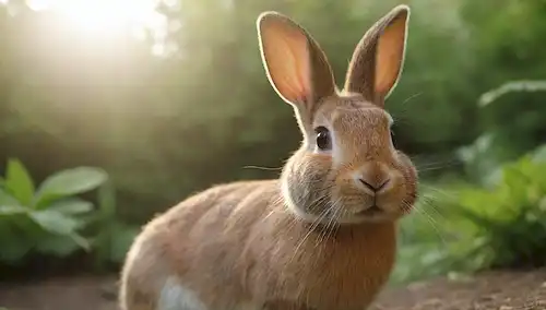 Un conejo tranquilo y contento en un hábitat natural, rodeado de vegetación exuberante y una cálida luz solar, con una sutil sonrisa en su cara, disfrutando de una vida sana y feliz