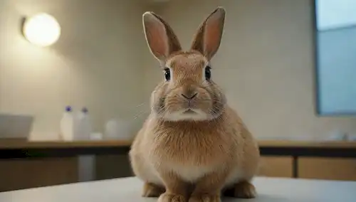 Un conejo tranquilo con una expresión suave, sentado en una oficina de veterinarios, siendo sostenido por una mano cariñosa, rodeado de un ambiente limpio y estéril, con un toque de iluminación suave y una sombra sutil, transmitiendo confianza y experiencia