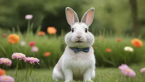 Un conejo feliz sentado en una hierba suave, con una suave sonrisa, usando un pequeño chaleco, rodeado de flores coloridas y exuberante vegetación, teniendo una pequeña bola en la mano
