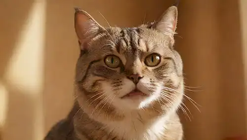 Un gato regalado con un abrigo corto y una construcción muscular, posando en un fondo de colores cálidos, con ojos brillantes, una expresión engreída, y un toque de piel en su cara, rodeado de sutiles texturas y sombras para transmitir un sentido de profundidad y calidez