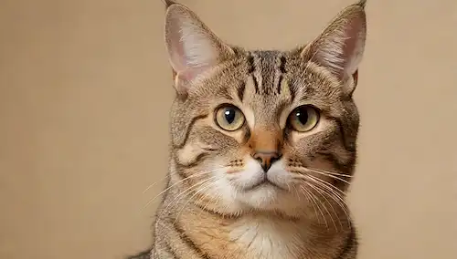 Un gato doméstico serena con un abrigo parecido a tabby, con grandes orejas y ojos llamativos, con un fondo beige cálido, con sutil sombra para transmitir textura y profundidad