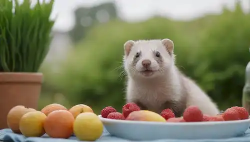 Un ferret feliz y saludable en un ambiente natural, rodeado de frutas y verduras frescas, con un tazón de agua limpia cerca, en una superficie suave y cómoda, como hierba o manta