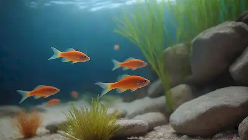 Una colorida escena acuática con una escuela de peces pequeños, incluyendo Pez Colisa Chuna, nadando entre sí, con plantas y rocas en el fondo, mostrando compatibilidad y armonía