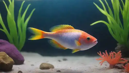 Una ilustración colorida de un pescado Colisa Lalia feliz, juguetón y saludable nadando en un ambiente acuático sereno con plantas exuberantes, rocas y burbujas que suben a la superficie, rodeado de un arrecife de coral vibrante o un ambiente tranquilo con ondas suaves y suaves iluminación