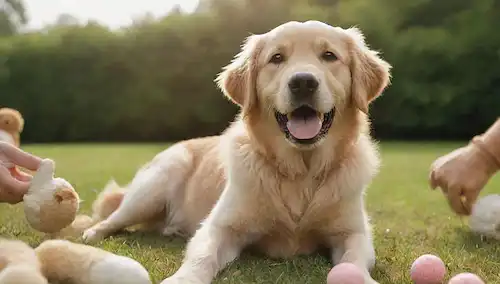 feliz cachorro de recuperador de oro sentado en hierba verde, rodeado de juguetes y golosinas, con unas pocas pulgas de perro o garrapatas dispersas alrededor para la representación visual de parásitos, una mano humana sonriente que ofrece un toque reconfortante en el fondo, la luz del sol caliente filtrando a través de árboles