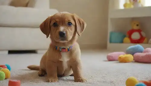 Un cachorro joven con una cara adorable, con un collar colorido, sentado en una alfombra suave, rodeado de juguetes y golosinas, transportando felicidad e inocencia
