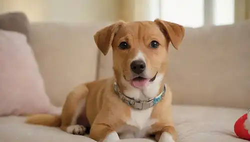Un disparo de cerca de un cachorro feliz usando un collar brillante con etiquetas colgantes, en un entorno luminoso sala de estar con juguetes y mantas diseminados alrededor, contra una paleta de color calma con tonos neutros como beige y crema, con iluminación suave y una profundidad poco profunda de campo para destacar los cachorros características adorables