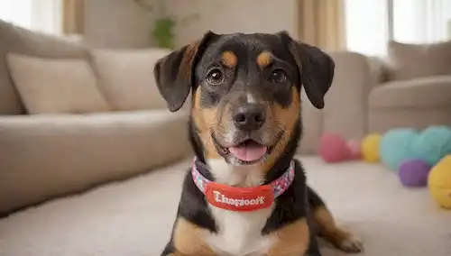 Un disparo de cerca de un cachorro feliz con orejas floppy y ojos marrones grandes