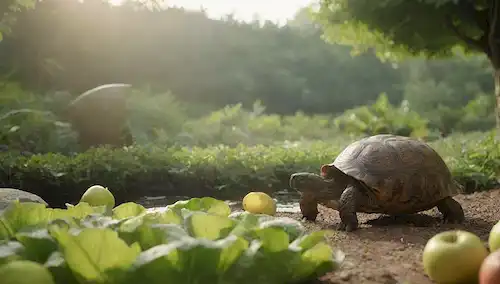 Un frondoso bosque verde con una tortoise en el centro comiendo hojas de lechuga, rodeado de frutas como manzanas y plátanos, con un pequeño estanque en el fondo que muestra plantas acuáticas, unas piedras y un terreno arenoso, la cálida luz solar filtrando a través de los árboles