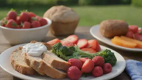Un plato con una variedad de frutas y verduras coloridas, como fresas, zanahorias, brócoli y lechuga; unas cuantas rebanadas de carnes magras como pollo o pavo; un puñado de migajas de pan de grano entero; un pequeño tazón de yogur o queso de casa; una canasta llena de bayas frescas; un fondo tranquilo y serena con suaves colinas o una puesta de sol caliente