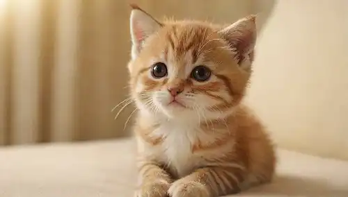 gatito con brillante capa, postura juguetona sobre un cojín suave, fondo de luz dorada, sombras sutiles, expresión facial linda, ojos brillantes, pata delicada sujetar pequeño juguete o pluma