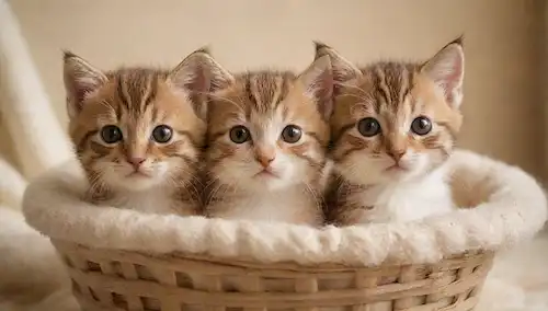 3-4 adorables gatitos enrollados en una bola caliente de piel, con ojos juguetonos y torcidos whiskers; colores suaves y mudos como beige, crema o marrón claro dominando la paleta; un suave y soñado fondo con una textura o patrón sutil, como una canasta tejida o una manta suave