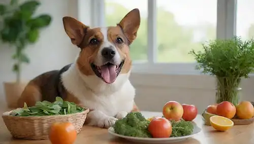 Un perro saludable feliz jugando con un tazón de verduras frescas y frutas, rodeado de vegetación, con una canasta de fruta colorida en el fondo, algunas hierbas frescas brotando desde el suelo, y un sutil indicio de sol fluyendo a través de la ventana, transmitiendo una sensación de naturalidad y solidez