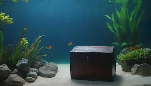 Acuario con agua azul clara, natación de peces cerca de plantas, piedras decorativas y cofre de tesoro en el fondo, ambiente tranquilo, vida acuática prosperando