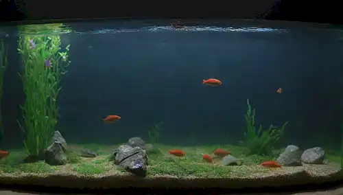 Pescado colorido nadando en un tanque lleno de plantas acuáticas, rocas decorativas y suaves ondas en la superficie de las aguas; algunos peces flotando cerca de una bandeja de alimentación sumergida que rebosa con pellets; unos cuantos otros se atrevieron a un tratado flotante unido a una cuerda; iluminación suave desde arriba; fondo calmante de cristal de acuario