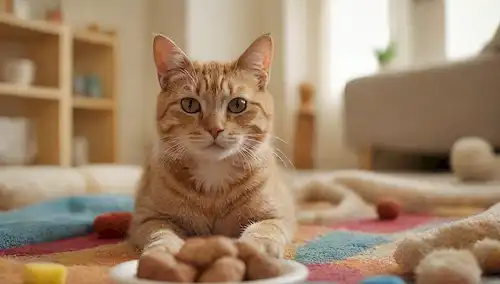 Una foto de tono cálido de un gato feliz y sano sentado en una manta colorida, rodeado de juguetes y postes de arañazo, con un tazón de comida fresca en frente, contra un fondo de enfoque suave de la decoración casera, transportando comodidad y contentamiento
