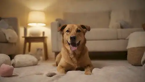 Un perro feliz en un acogedor entorno de casa, rodeado de mantas suaves y juguetes de felpa, con unas cuantas golosinas dispersas en el suelo, un suave propietario sentado junto a ellos, con una paleta de color calma y una iluminación cálida