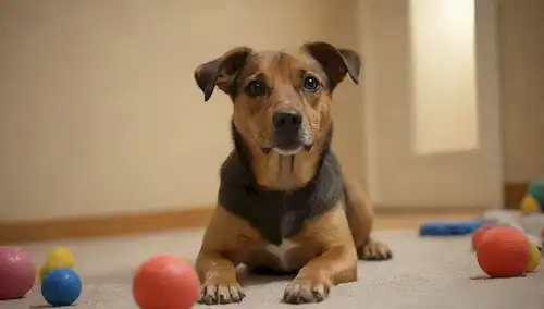 Feliz perro sentado en el suelo con juguetes, mirada suave, orejas ligeramente levantadas, enfoque suave, iluminación cálida, acogedor fondo casero, texturas naturales, atmósfera acogedor