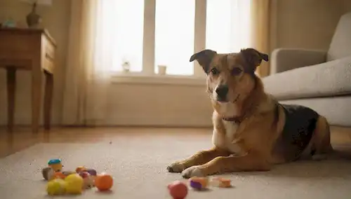 Un perro feliz jugando con juguetes en un acogedor salón con un ambiente tranquilo